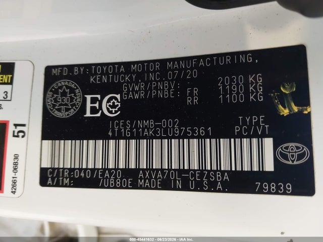 45441632 :رقم المزاد ، 4T1G11AK3LU975361 vin ، 2020 Toyota Camry Se مزاد بيع
