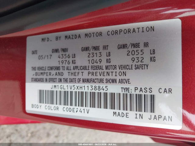Продажа на аукционе авто 2017 Mazda Mazda6 Touring, vin: JM1GL1V5XH1138845, номер лота: 45441651