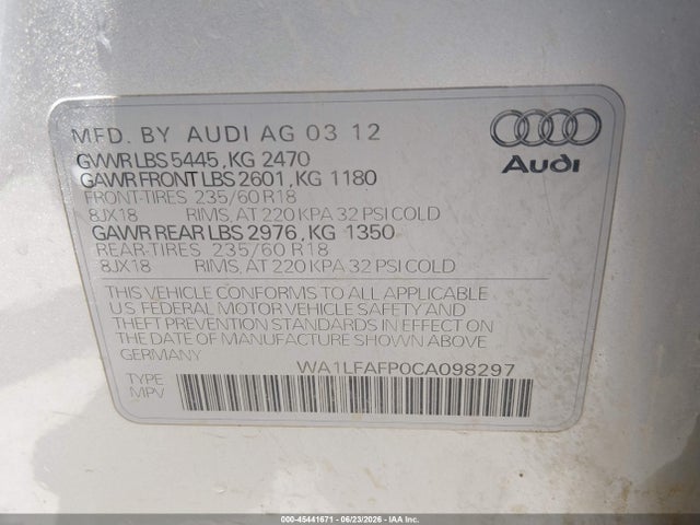 Aukcja sprzedaży 2012 Audi Q5 2.0t Premium, vin: WA1LFAFP0CA098297, numer aukcji: 45441671