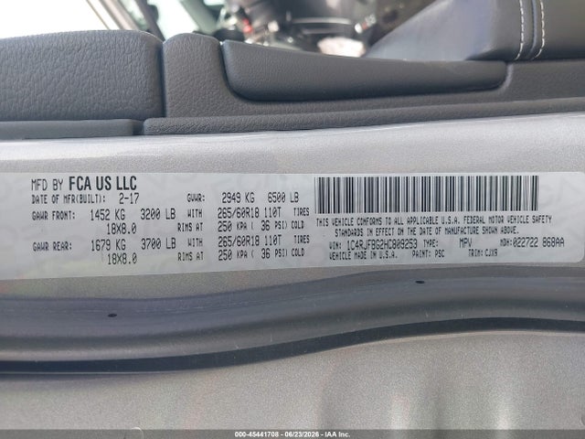 Aukcja sprzedaży 2017 Jeep Grand Cherokee Limited 4x4, vin: 1C4RJFBG2HC809253, numer aukcji: 45441708