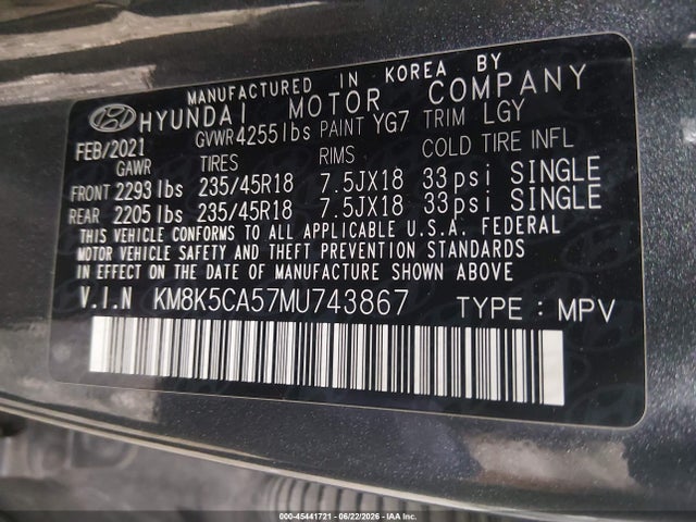 Продаж на аукціоні авто 2021 Hyundai Kona Ultimate, vin: KM8K5CA57MU743867, номер лоту: 45441721