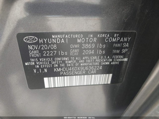 45441724 :رقم المزاد ، KMHDU46DX9U636224 vin ، 2009 Hyundai Elantra Se مزاد بيع
