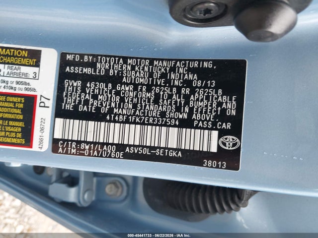 45441733 :رقم المزاد ، 4T4BF1FK7ER337594 vin ، 2014 Toyota Camry Xle مزاد بيع