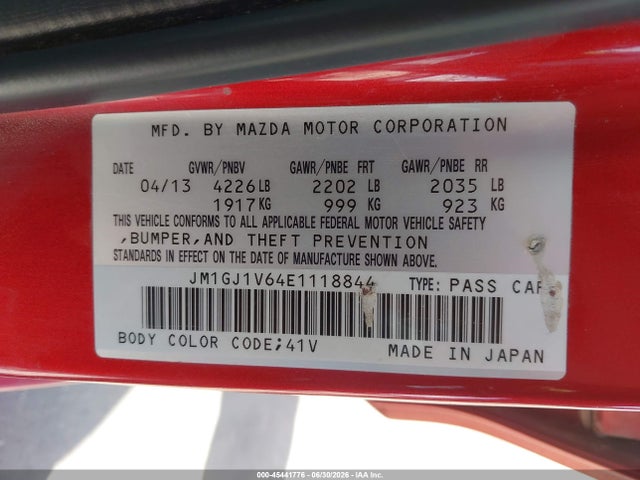 Aukcja sprzedaży 2014 Mazda Mazda6 I Touring, vin: JM1GJ1V64E1118844, numer aukcji: 45441776