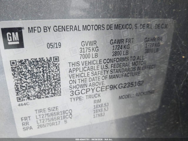 3GCPYCEF9KG235162 Chevrolet Silverado 1500 Custom Trail Boss