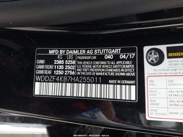 45441817 :رقم المزاد ، WDDZF4KB7HA255011 vin ، 2017 Mercedes-benz E 300 4matic مزاد بيع