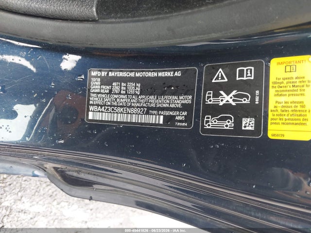 45441826 :رقم المزاد ، WBA4Z3C58KEN88927 vin ، 2019 Bmw 430i Xdrive مزاد بيع