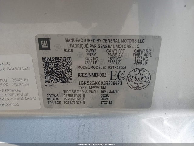 45441853 :رقم المزاد ، 1GKS2GKC9JR239423 vin ، 2018 Gmc Yukon Xl Slt مزاد بيع