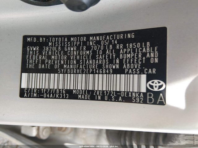 Aukcja sprzedaży 2014 Toyota Corolla Le, vin: 5YFBURHE2EP146849, numer aukcji: 45441884