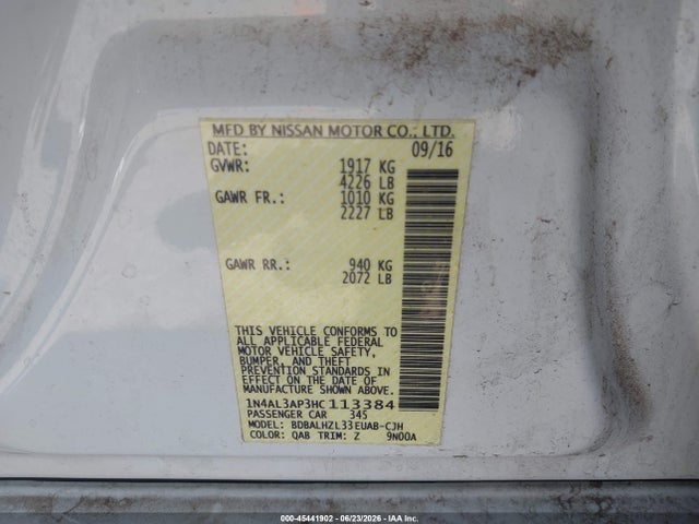 2017 Nissan Altima 2.5 Sr მანქანა იყიდება აუქციონზე, vin: 1N4AL3AP3HC113384, აუქციონის ნომერი: 45441902