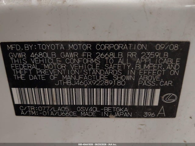 45441926 :رقم المزاد ، JTHBJ46GX92289180 vin ، 2009 Lexus Es 350 مزاد بيع