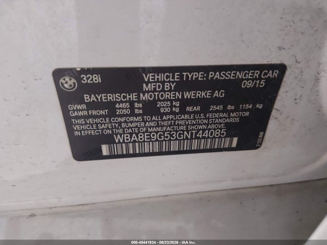 2016 Bmw 328i მანქანა იყიდება აუქციონზე, vin: WBA8E9G53GNT44085, აუქციონის ნომერი: 45441934