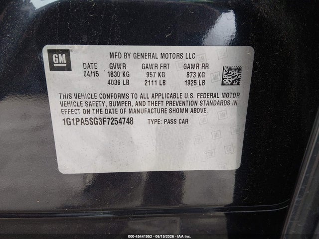 45441952 :رقم المزاد ، 1G1PA5SG3F7254748 vin ، 2015 Chevrolet Cruze Ls Auto مزاد بيع
