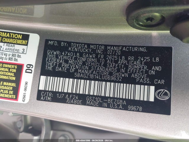 Продажа на аукционе авто 2020 Lexus Es 350 F Sport, vin: 58AGZ1B14LU069632, номер лота: 45441996