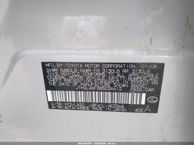 45442001 :رقم المزاد ، JTHGL46F885026612 vin ، 2008 Lexus Ls 460 L مزاد بيع