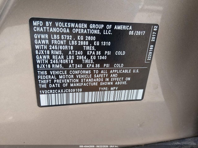 2018 Volkswagen Atlas 3.6l V6 Se მანქანა იყიდება აუქციონზე, vin: 1V2CR2CAXJC509109, აუქციონის ნომერი: 45442009