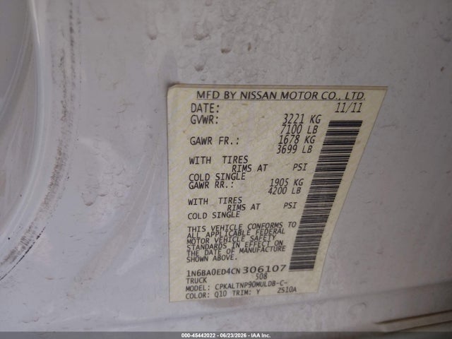 Auction sale of the 2012 Nissan Titan Sv, vin: 1N6BA0ED4CN306107, lot number: 45442022