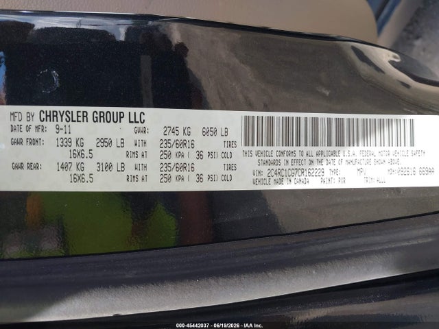 2012 Chrysler Town & Country Touring-l მანქანა იყიდება აუქციონზე, vin: 2C4RC1CG7CR162229, აუქციონის ნომერი: 45442037