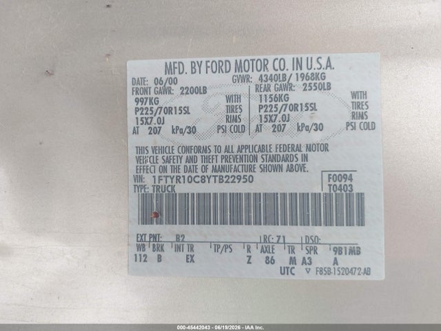 2000 Ford Ranger Xl/xlt მანქანა იყიდება აუქციონზე, vin: 1FTYR10C8YTB22950, აუქციონის ნომერი: 45442043
