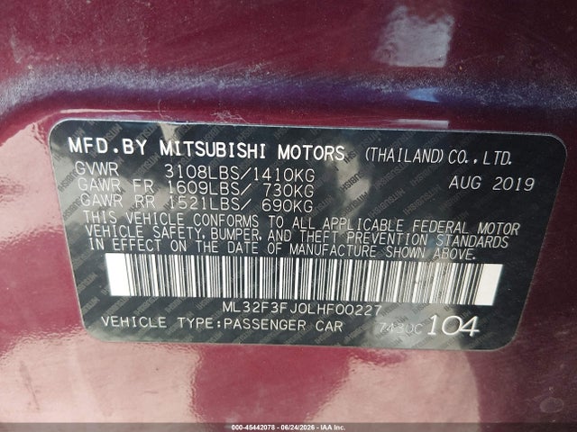 Продажа на аукционе авто 2020 Mitsubishi Mirage G4 Es, vin: ML32F3FJ0LHF00227, номер лота: 45442078