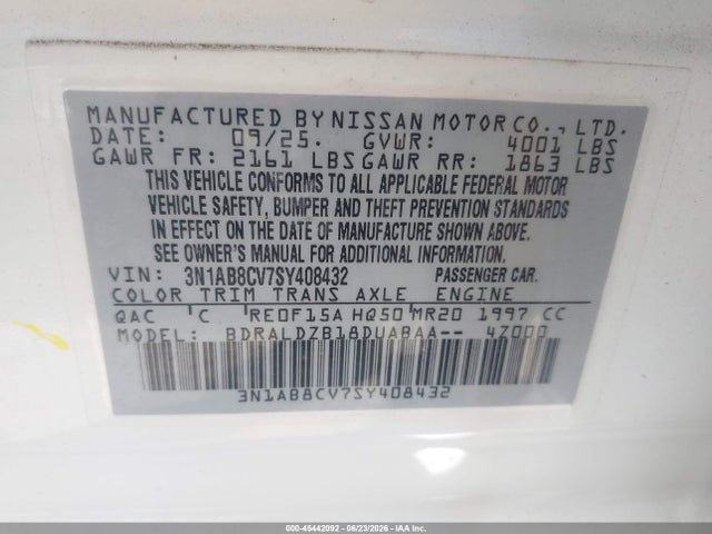 Aukcja sprzedaży 2025 Nissan Sentra Sv, vin: 3N1AB8CV7SY408432, numer aukcji: 45442092
