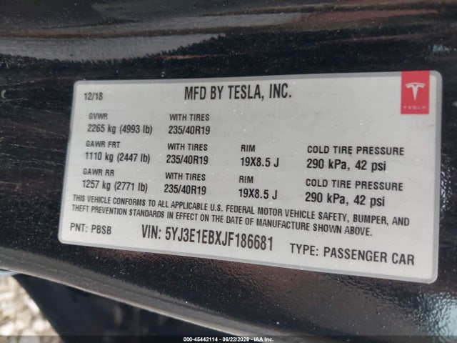 Aukcja sprzedaży 2018 Tesla Model 3 Long Range/performance, vin: 5YJ3E1EBXJF186681, numer aukcji: 45442114