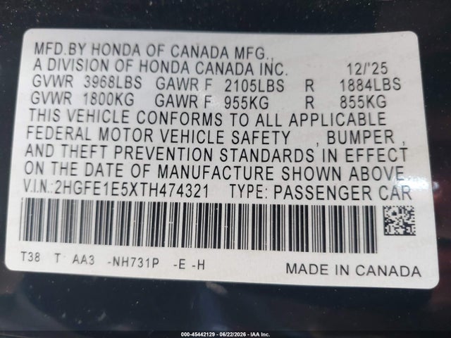 2HGFE1E5XTH474321 Honda CIVIC SI SEDAN