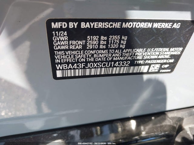 Aukcja sprzedaży 2025 Bmw 530i, vin: WBA43FJ0XSCU14332, numer aukcji: 45442152