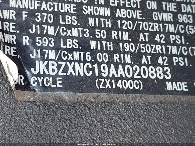 Aukcja sprzedaży 2010 Kawasaki Zx1400 C, vin: JKBZXNC19AA020883, numer aukcji: 45442157