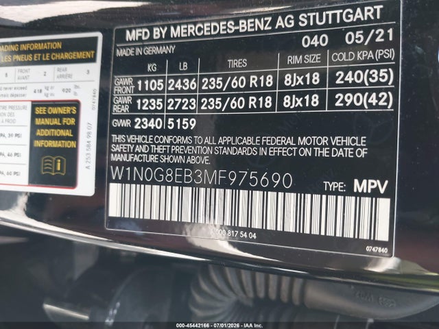 Aukcja sprzedaży 2021 Mercedes-benz Glc 300 4matic Suv, vin: W1N0G8EB3MF975690, numer aukcji: 45442166