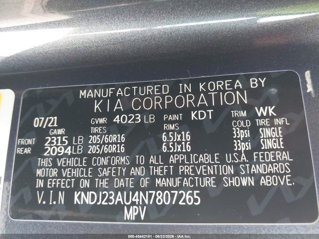 Aukcja sprzedaży 2022 Kia Soul Lx, vin: KNDJ23AU4N7807265, numer aukcji: 45442181