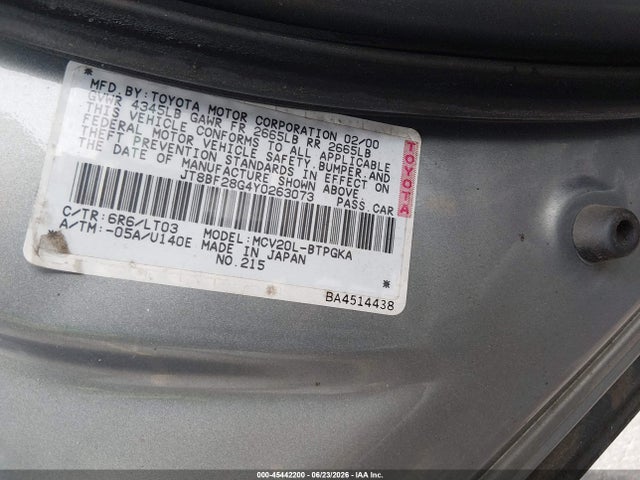45442200 :رقم المزاد ، JT8BF28G4Y0263073 vin ، 2000 Lexus Es 300 مزاد بيع
