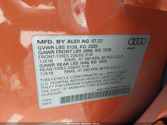 Продажа на аукционе авто 2022 Audi Q3 Premium 45 Tfsi S Line Quattro Tiptronic, vin: WA1DECF36N1149871, номер лота: 45442205