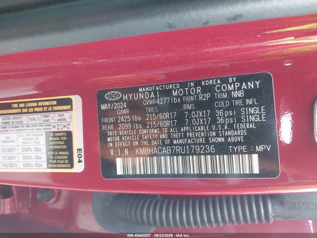 45442207 :رقم المزاد ، KM8HACAB7RU179236 vin ، 2024 Hyundai Kona Se مزاد بيع