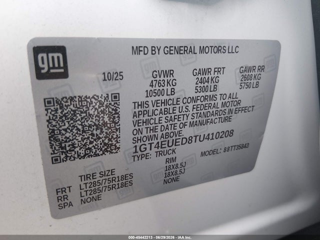 Продажа на аукционе авто 2026 Gmc Sierra Ev Extended Range At4, vin: 1GT4EUED8TU410208, номер лота: 45442213