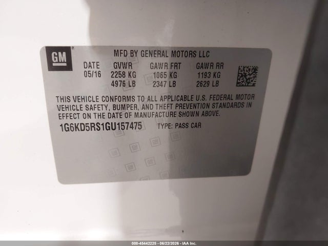 Aukcja sprzedaży 2016 Cadillac Ct6 Luxury, vin: 1G6KD5RS1GU157475, numer aukcji: 45442225