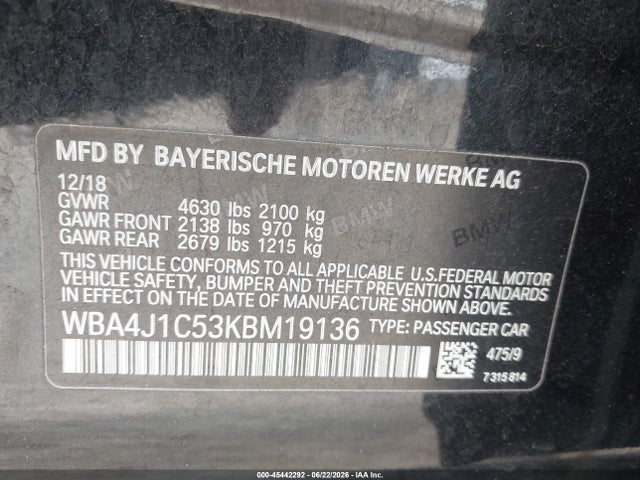 2019 Bmw 430i Gran Coupe მანქანა იყიდება აუქციონზე, vin: WBA4J1C53KBM19136, აუქციონის ნომერი: 45442292