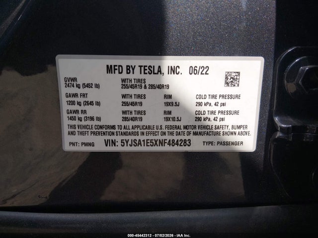 Продажа на аукционе авто 2022 Tesla Model S Dual Motor All-wheel Drive, vin: 5YJSA1E5XNF484283, номер лота: 45442312