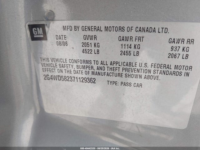 45442320 :رقم المزاد ، 2G4WD582371129362 vin ، 2007 Buick Lacrosse Cxl مزاد بيع