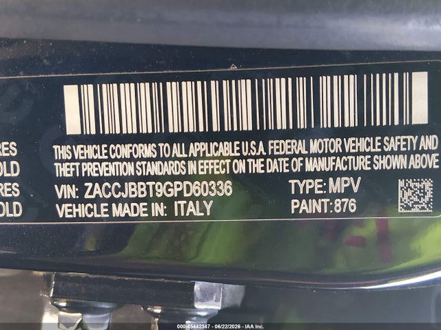45442347 :رقم المزاد ، ZACCJBBT9GPD60336 vin ، 2016 Jeep Renegade Justice مزاد بيع