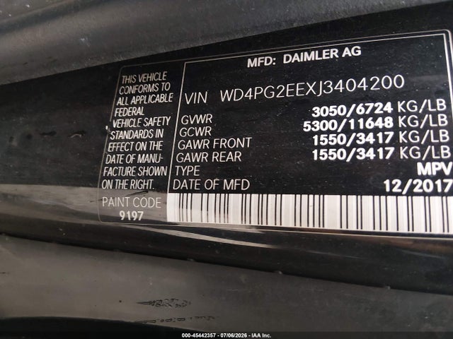 Продажа на аукционе авто 2018 Mercedes-benz Metris, vin: WD4PG2EEXJ3404200, номер лота: 45442357