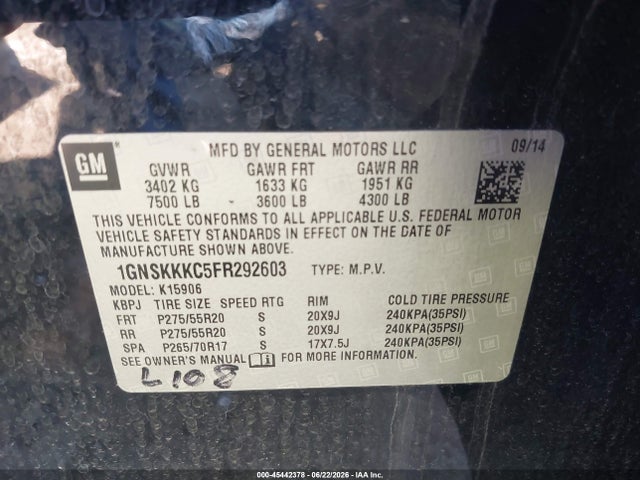 1GNSKKKC5FR292603 Chevrolet Suburban Ltz