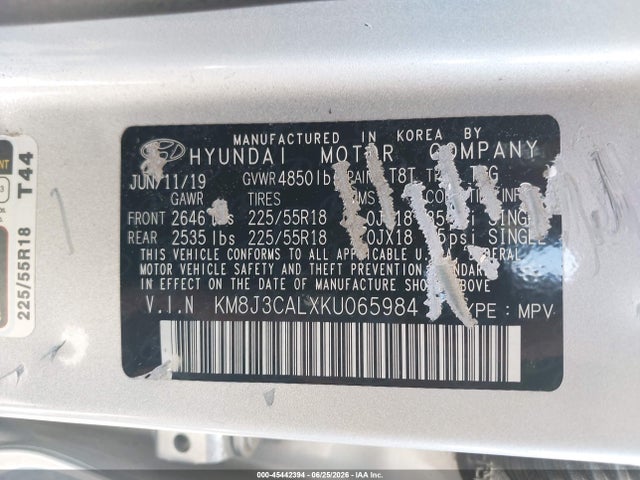Продажа на аукционе авто 2019 Hyundai Tucson Sel, vin: KM8J3CALXKU065984, номер лота: 45442394