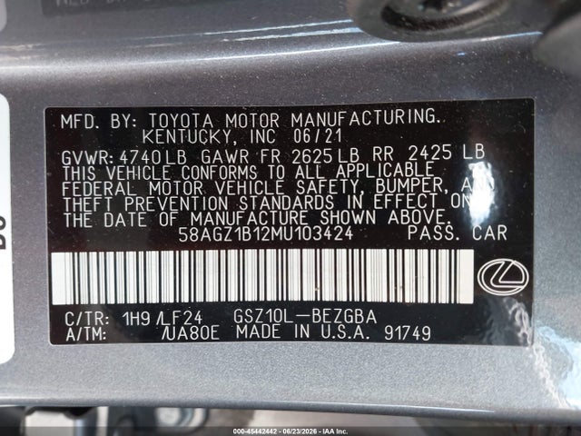 Aukcja sprzedaży 2021 Lexus Es 350 F Sport, vin: 58AGZ1B12MU103424, numer aukcji: 45442442