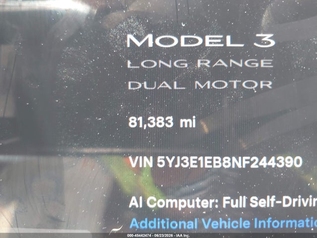 Auction sale of the 2022 Tesla Model 3 Long Range Dual Motor All-wheel Drive, vin: 5YJ3E1EB8NF244390, lot number: 45442474