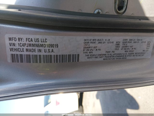 Продажа на аукционе авто 2021 Jeep Cherokee Latitude Lux 4x4, vin: 1C4PJMMN6MD109019, номер лота: 45442489