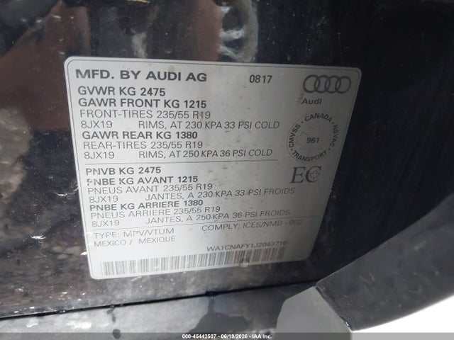 Продаж на аукціоні авто 2018 Audi Q5 2.0t Premium/2.0t Tech Premium, vin: WA1CNAFY1J2043716, номер лоту: 45442507