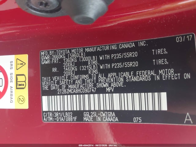 45442514 :رقم المزاد ، 2T2BZMCA8HC090747 vin ، 2017 Lexus Rx 350 مزاد بيع