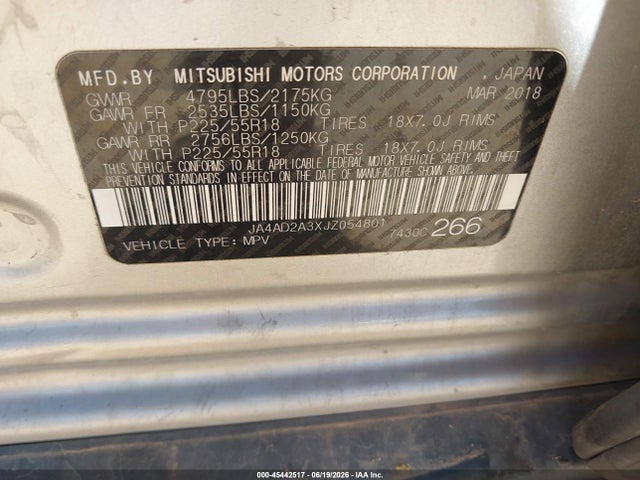 45442517 :رقم المزاد ، JA4AD2A3XJZ054801 vin ، 2018 Mitsubishi Outlander Es مزاد بيع
