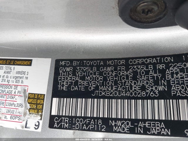 Aukcja sprzedaży 2004 Toyota Prius, vin: JTDKB20U440028763, numer aukcji: 45442519